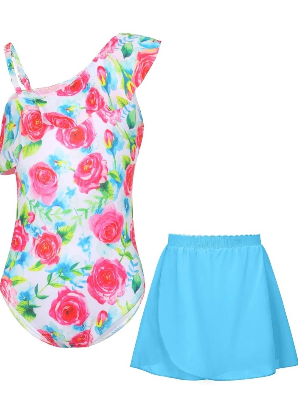 Floral Swimsuit with Blue Swim Skirt